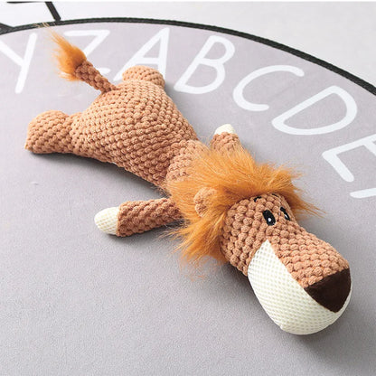 Plush cartoon squeaky dog toy – soft fleece, available in wolf, lion and elephant designs