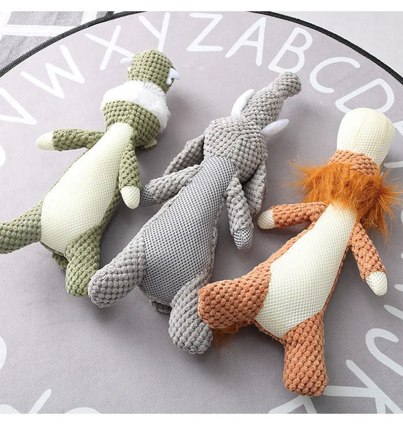 Plush cartoon squeaky dog toy – soft fleece, available in wolf, lion and elephant designs