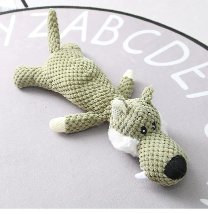 Plush cartoon squeaky dog toy – soft fleece, available in wolf, lion and elephant designs