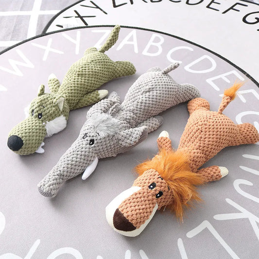 Plush cartoon squeaky dog toy – soft fleece, available in wolf, lion and elephant designs