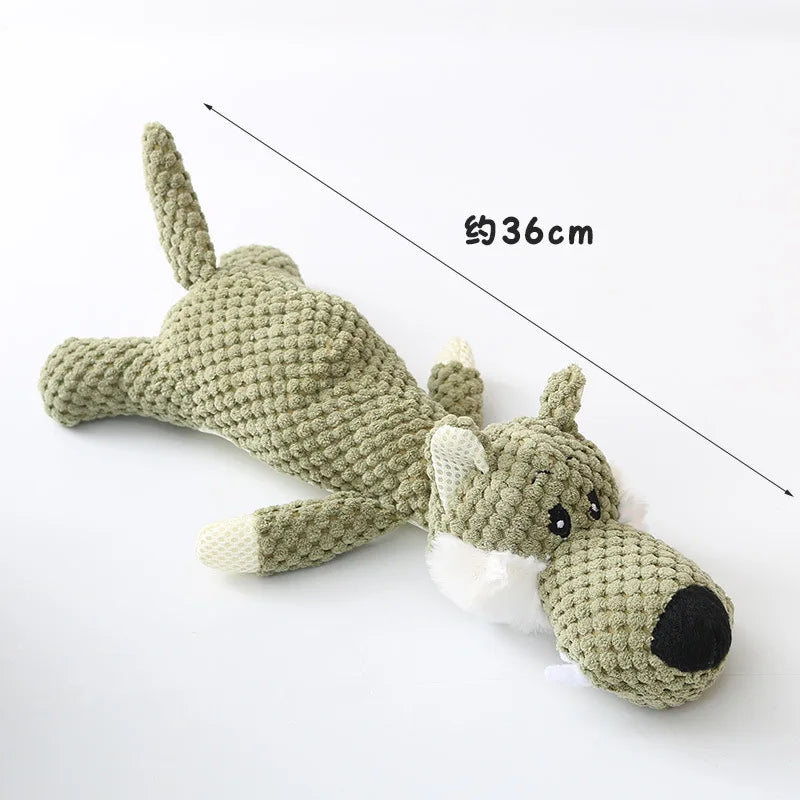Plush cartoon squeaky dog toy – soft fleece, available in wolf, lion and elephant designs