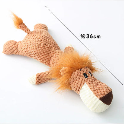 Plush cartoon squeaky dog toy – soft fleece, available in wolf, lion and elephant designs