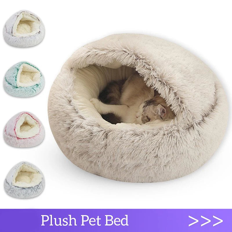 Warm plush pet bed for cats and small dogs – soft anti-slip bottom, available in multiple sizes and colors