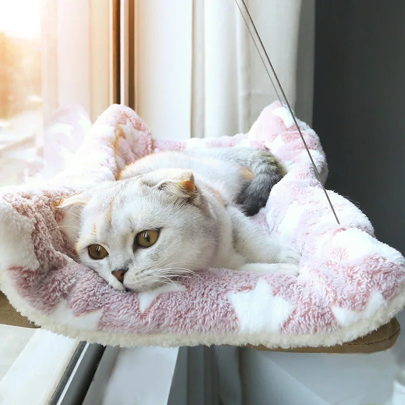 Hanging cat hammock – sturdy canvas with suction cups, fits windows and walls