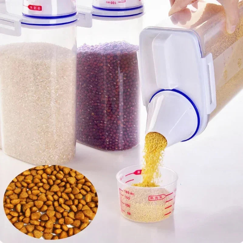 Pet food storage container for dogs and cats – airtight plastic, available in white and blue